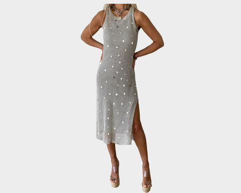 B. Side Slit Silver Gray and Sequins Mesh Resortwear Statement Dress - The St. Tropez