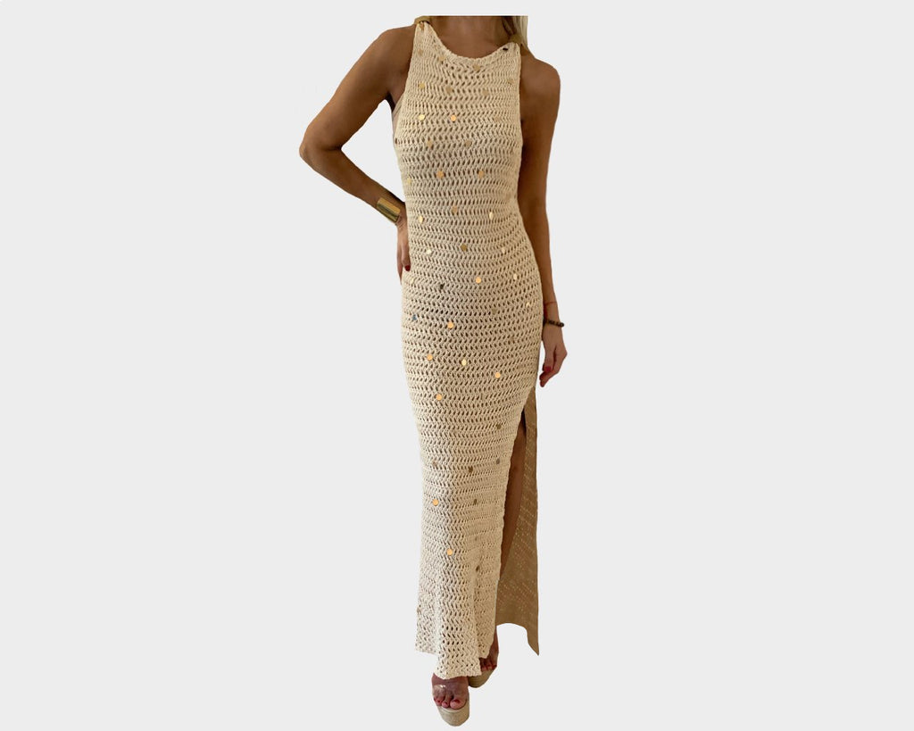 B. Side Slit Taupe and Gold Sequins Mesh Resortwear Statement Dress - The St. Tropez