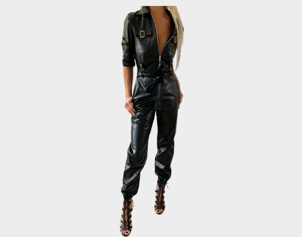 Black One Piece Vegan Leather Jumpsuit - The Milano Si