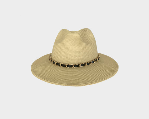 2. Natural Tan Gold Link Fedora Style Hat - The Santorini