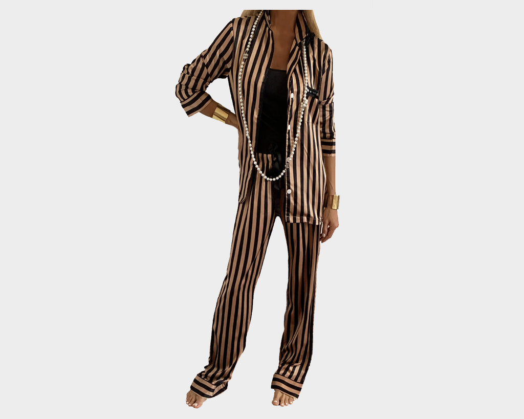 A. Stripe Toffee & Steel Black organic silk loungewear - The Bel Air