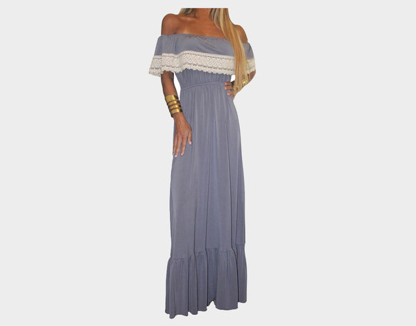 Gray Off-Shoulder Ruffle Lace Dress - The Monaco