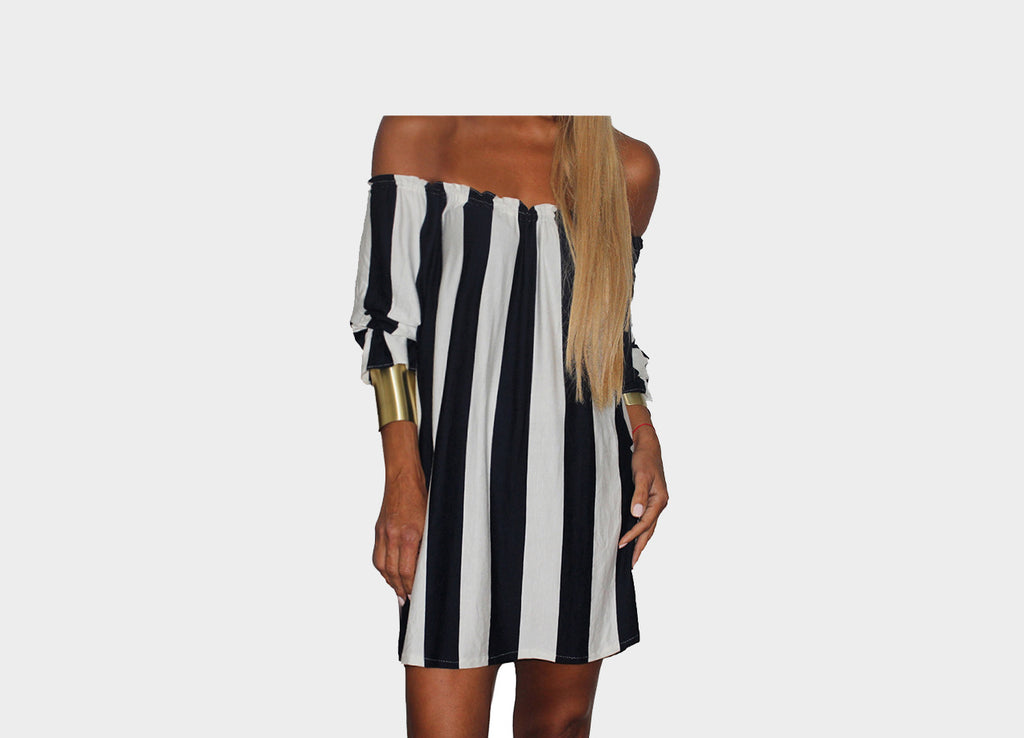 Dark Navy & White Stripe Off Shoulder Dress - The Ibiza