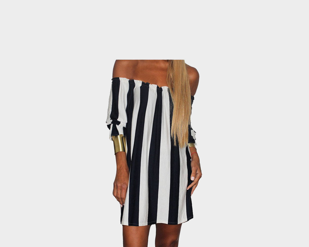 Stripe Black & White Off Shoulder Dress - The Ibiza