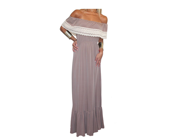 Taupe Off Shoulder Ruffle Lace Dress - The Monaco