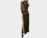 11. Tuxedo Fern Green Long High Slit Skirt - The Milano Si