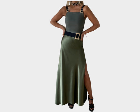 11. Tuxedo Fern Green Long High Slit Skirt - The Milano Si