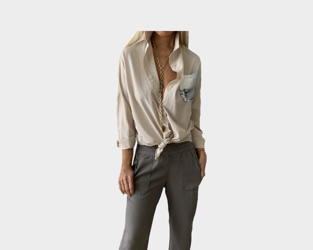 1. Dune Sand and silver Linen Long Sleeve Shirt - The St. Barths