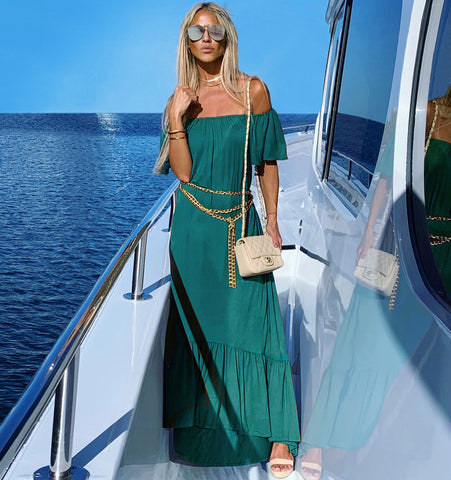 Capri Blue Off the Shoulder Ruffle bottom dress - The Amalfi Coast