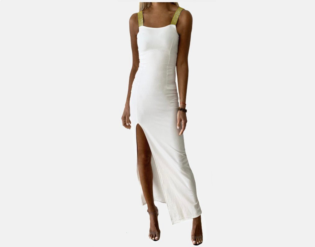 B.  White & Gold High Slit Dress - The Santorini