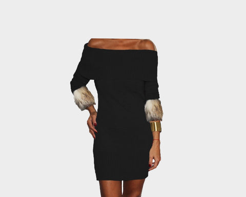 97 Black and Sunset Taupe Knit Off the Shoulder Dress - The St. Moritz