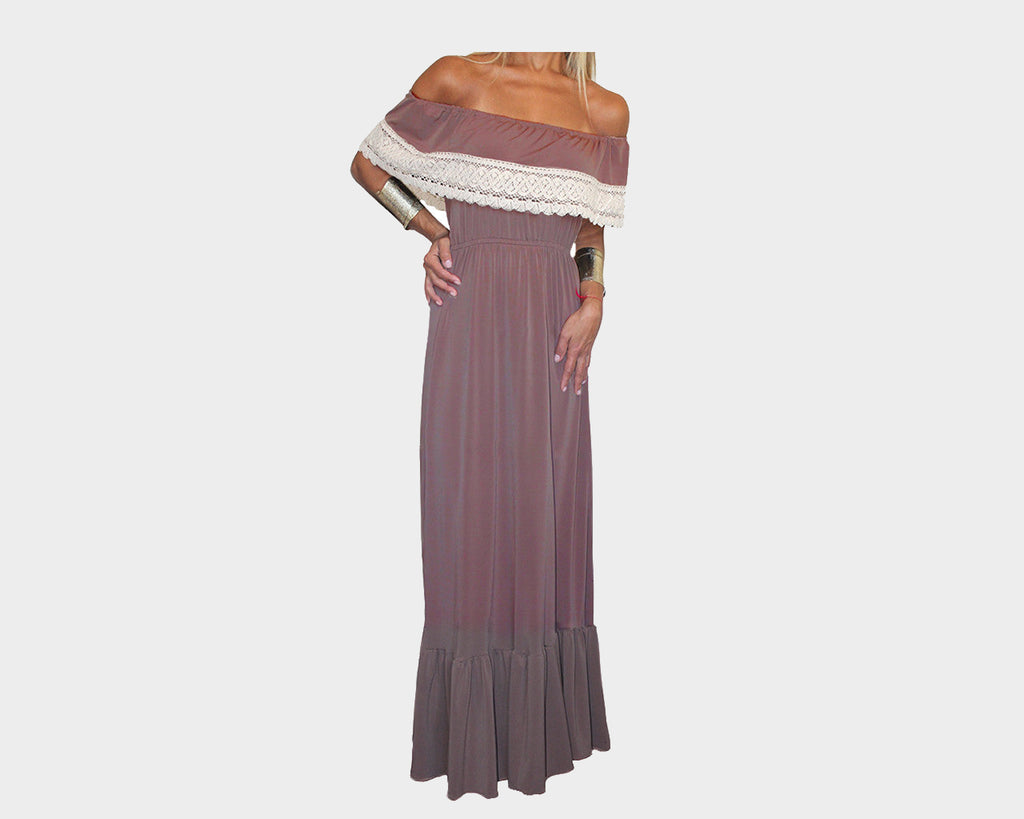 Mauve Pourpre Slit Off-Shoulder Ruffle Lace Dress - The Monaco II