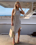 B. Side Slit Silver Gray and Sequins Mesh Resortwear Statement Dress - The St. Tropez