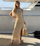 B. Side Slit Taupe and Gold Sequins Mesh Resortwear Statement Dress - The St. Tropez