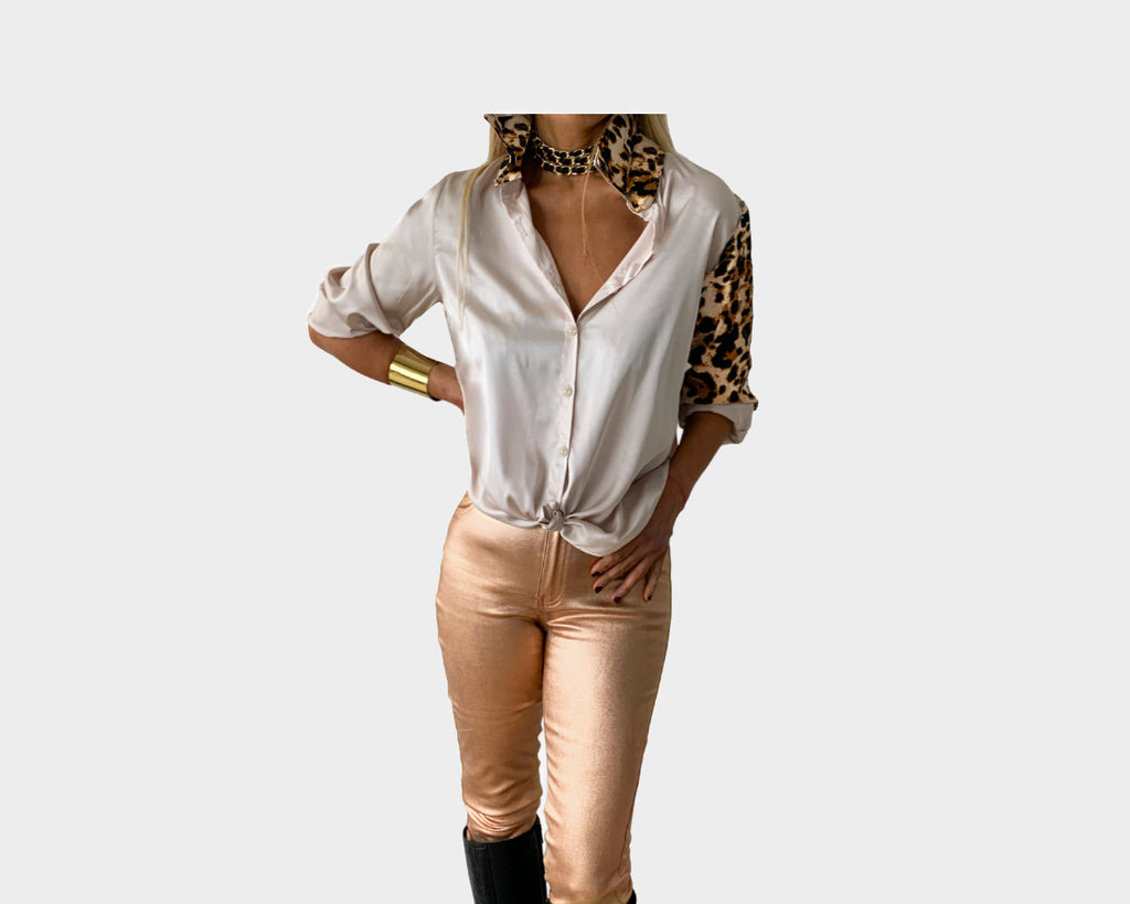 22 Animal Print and taupe Long Sleeve Dress Shirt Blouse - The Milano