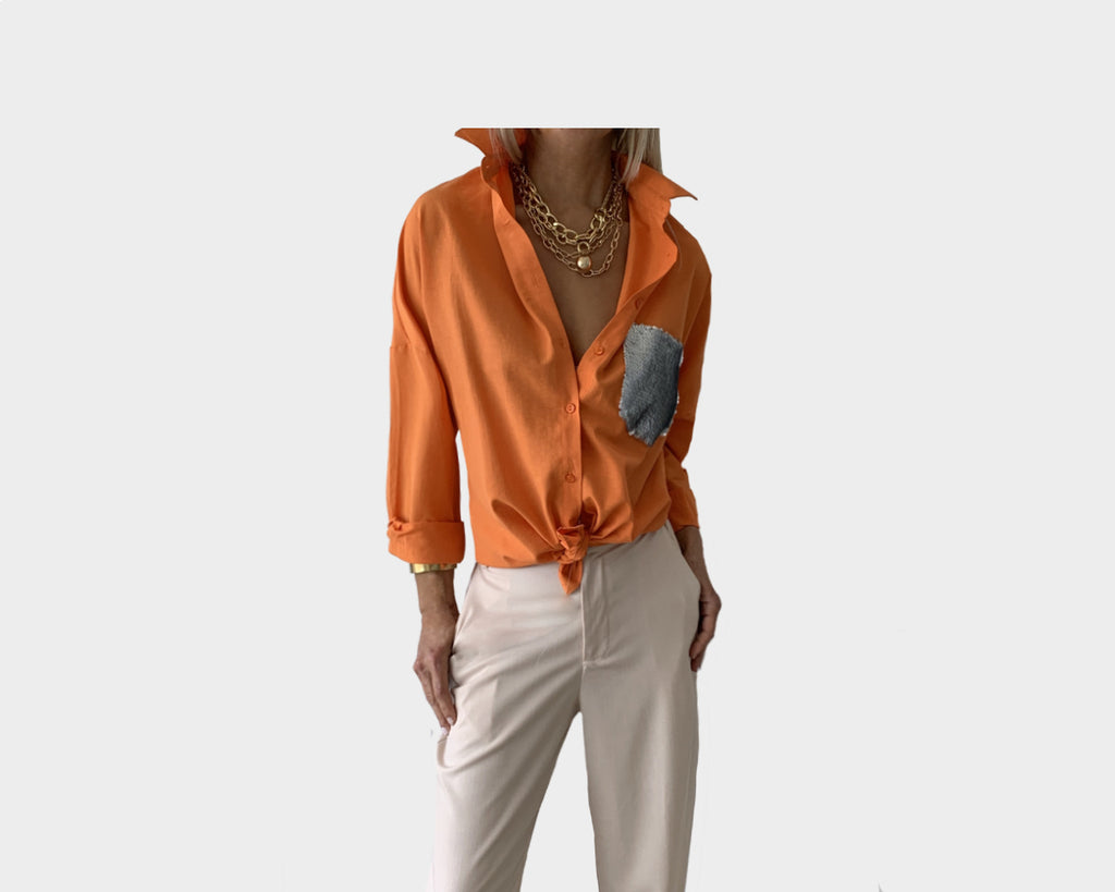 B. Orange Soleil and silver cotton Linen Long Sleeve Shirt - The St. Barths