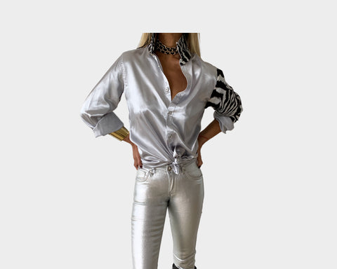 22 Zebra Print and Silver Long Sleeve Dress Shirt Blouse - The Milano