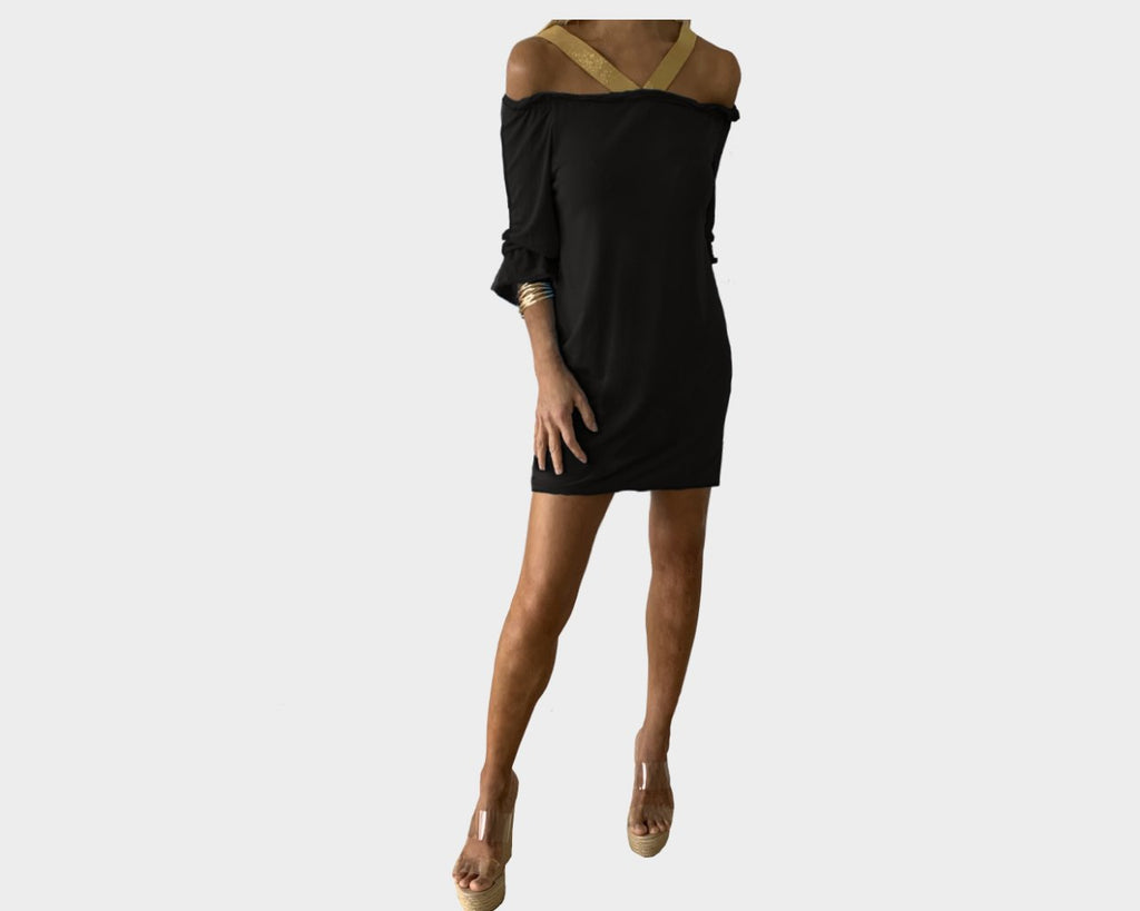 Black and Gold Strap Off Shoulder Dress - The Ibiza