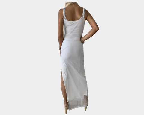 .1 Side Slit Silver White Mesh Resortwear Statement Dress - The Ibiza