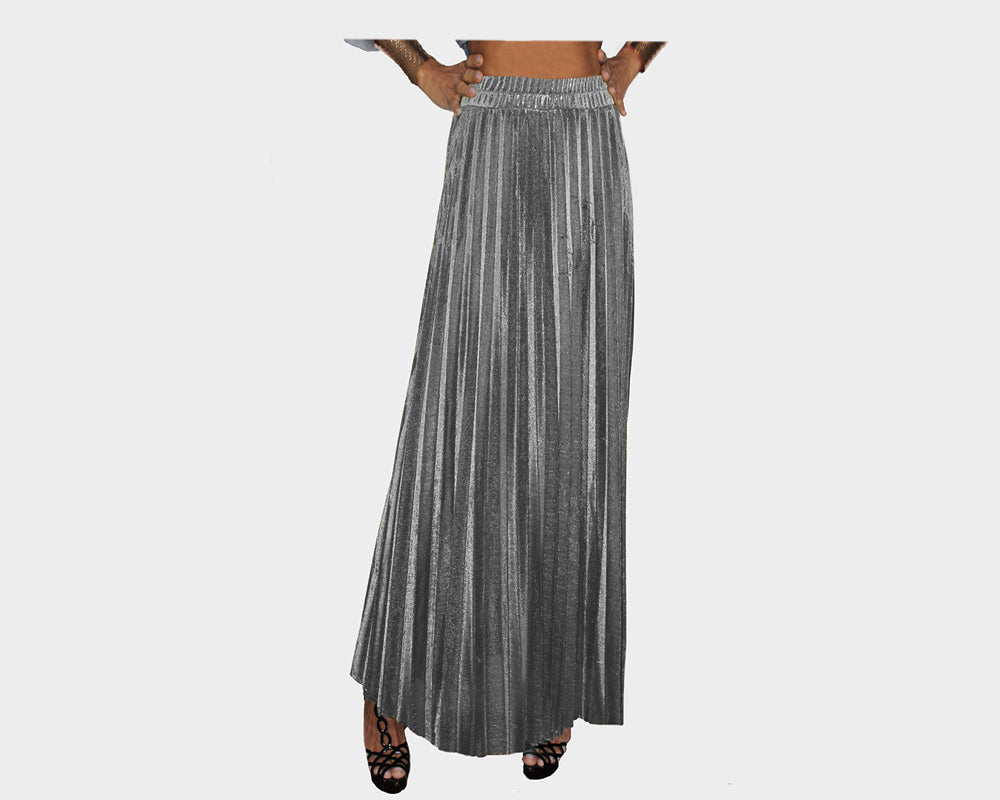 7.1 Metallic Silver Pleated Long Skirt - The Milan