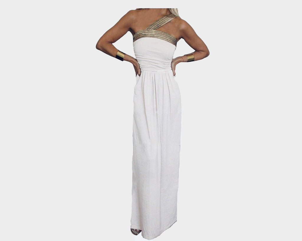 Whispering White & Gold Grecian long maxi dress - The Mykonos