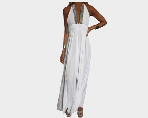 Silver & White Side Slit Dress - The St. Tropez