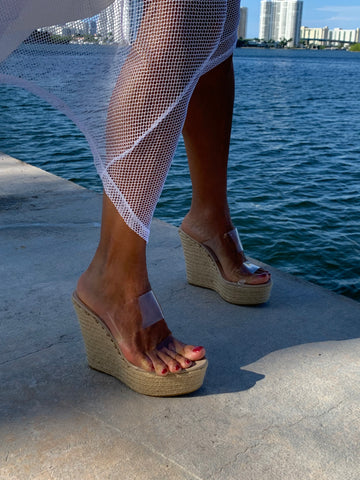 1. Transparent Double Strap Burlap Wedge Sandal - The Ibiza