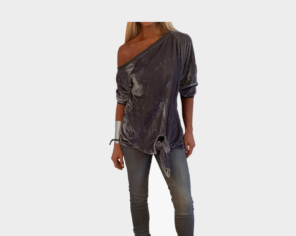 Fall Gray Velour Off Shoulder Top - The Madison Avenue