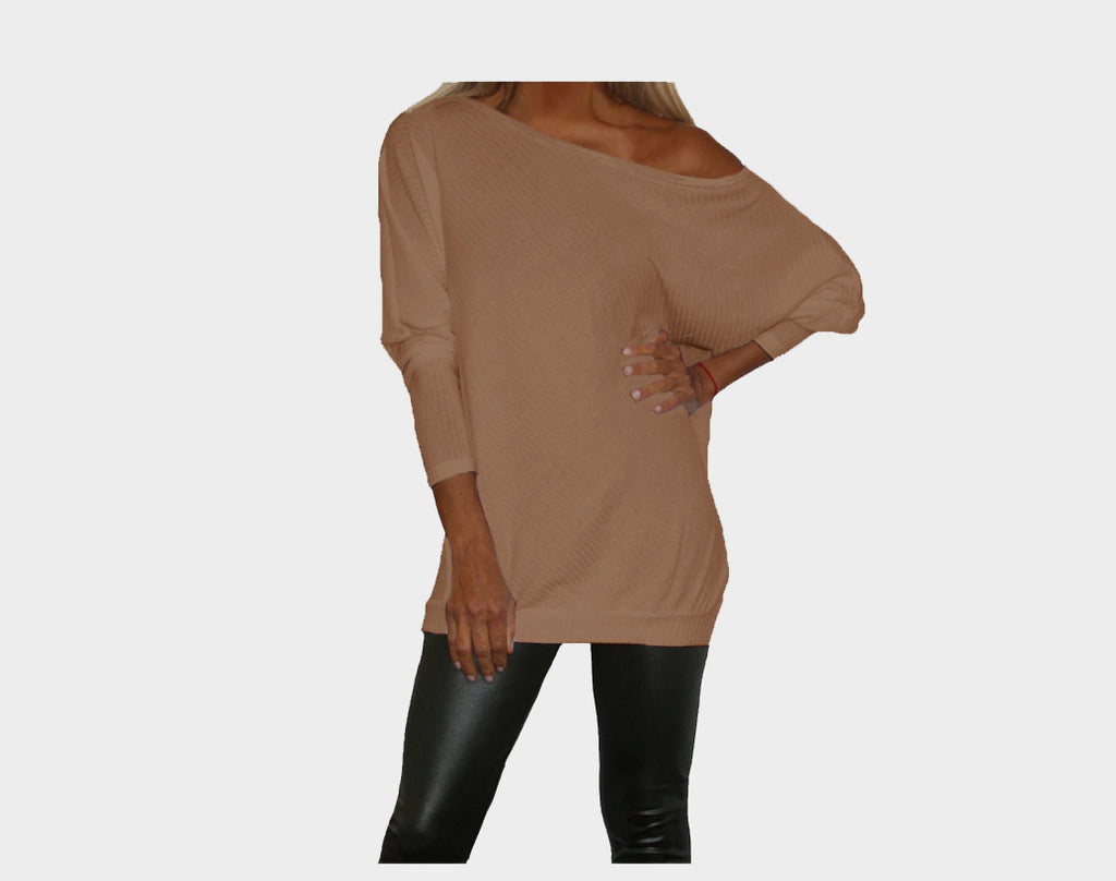 9.1 Taupe Off the Shoulder Light Sweater Top - The Bond Street