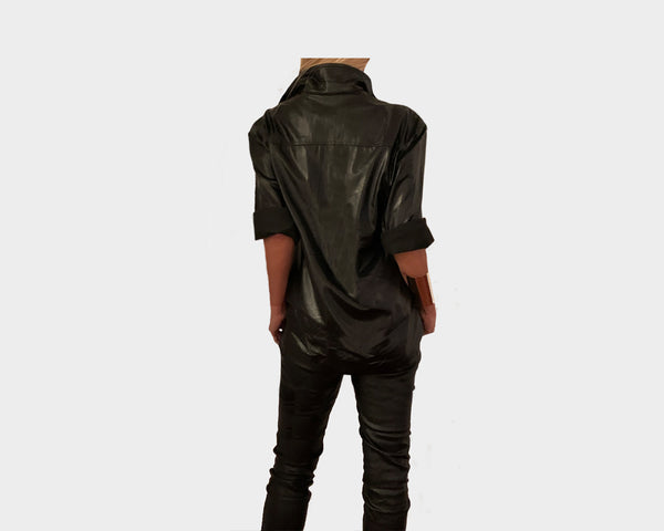 87 Metal Black Color Vegan Leather Long Sleeve Shirt - The Bond Street