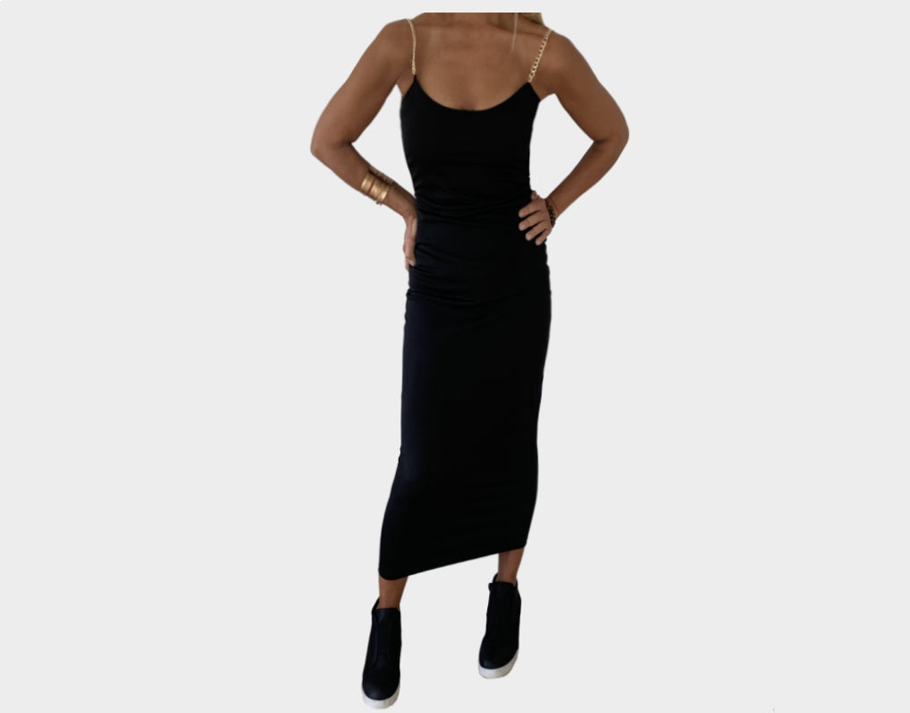 7 Black Ankle Dress With Gold Chain Link Strap Dress - The Santorini