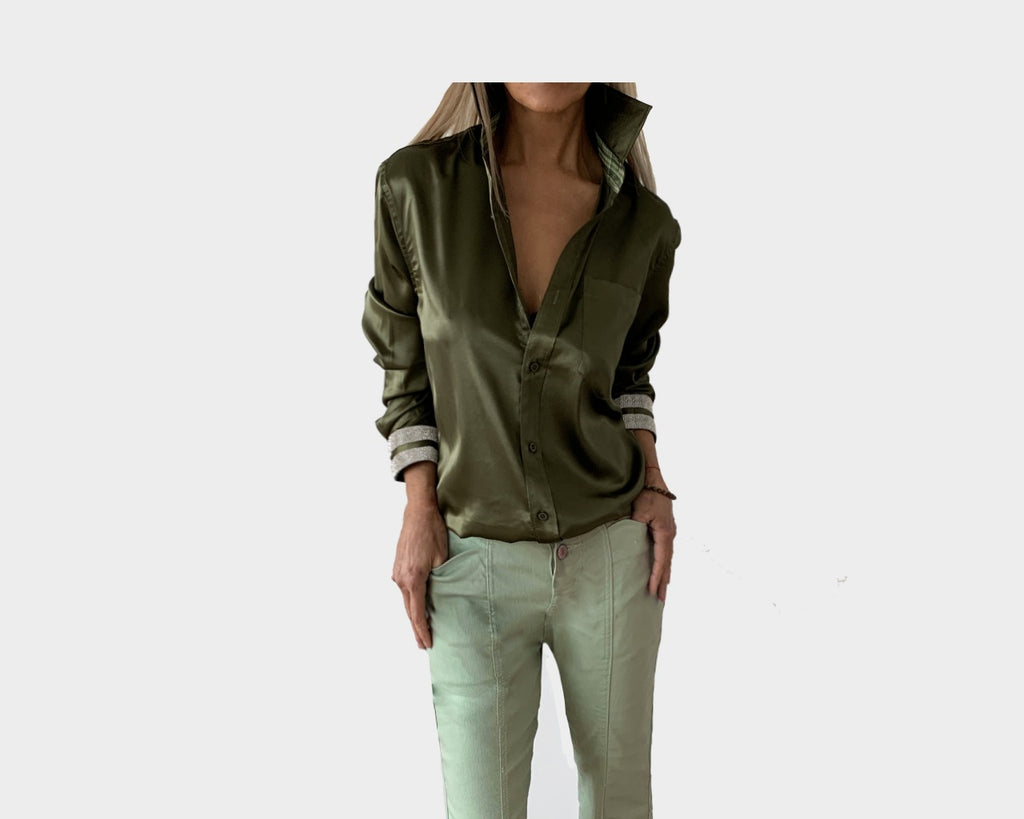 21. Khaki Green Diamond Cuff Long Sleeve Dress Shirt - The Milano