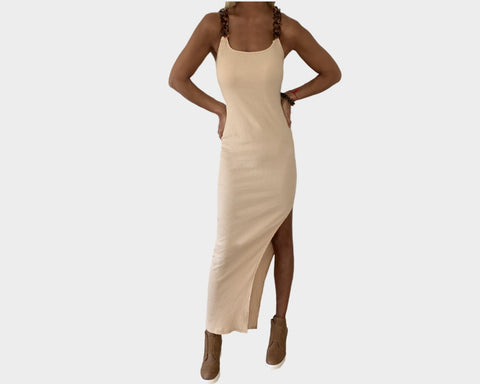 1. Taupe Large Chain Link Strap High Slit Dress - The Milano