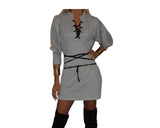Gray lace-up bell sleeve dress  - The Aspen