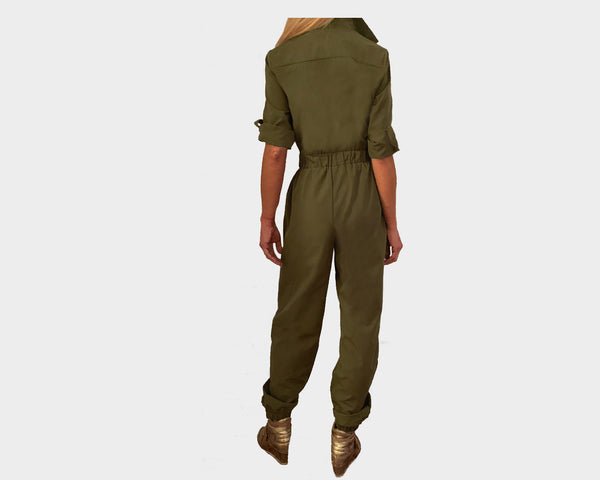 Olive Green Copper Leather Pockets Jumpsuit - The Palm Springs