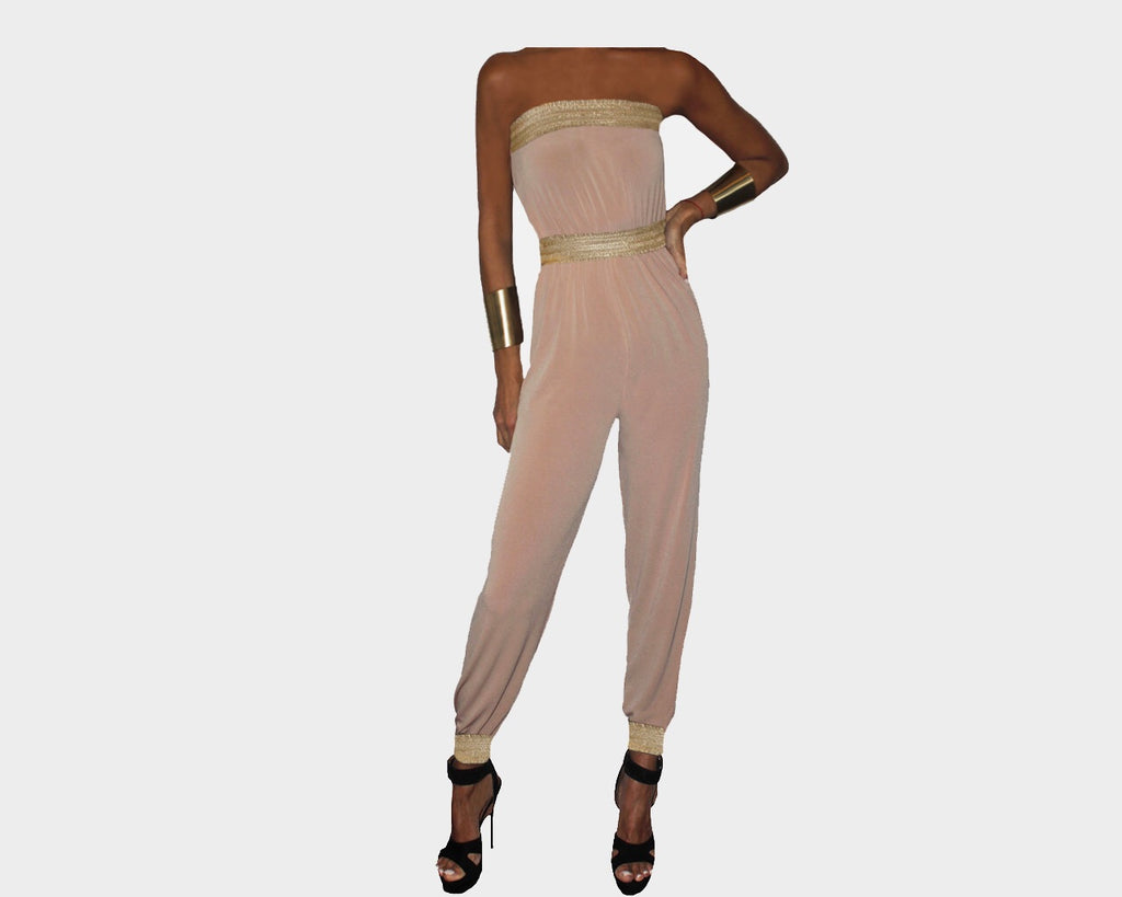 B. Taupe and gold strapless Jumpsuit - The Corso Venezia