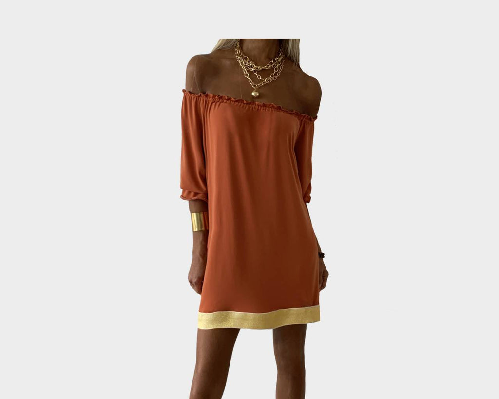 LTangerine Burst Off the Shoulder Dress with gold lining- The Ibiza