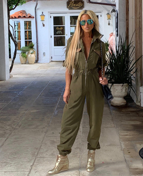 plakat hoppe amplifikation Olive Green Copper Leather Pockets Jumpsuit - The Palm Springs – Regine  Chevallier