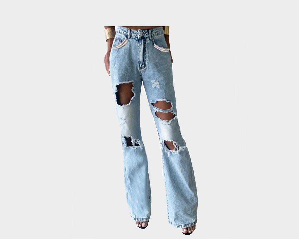 Old Hollywood Wide Leg Ripped Diamond Pocket Boyfriend Jeans - The Palm Springs