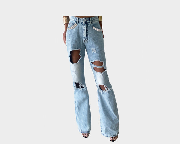 Old Hollywood Wide Leg Ripped Diamond Pocket Boyfriend Jeans - The Palm Springs