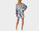 Watercolor sea blue and white off shoulder Apres-Beach Cover-up Dress- The Santorini