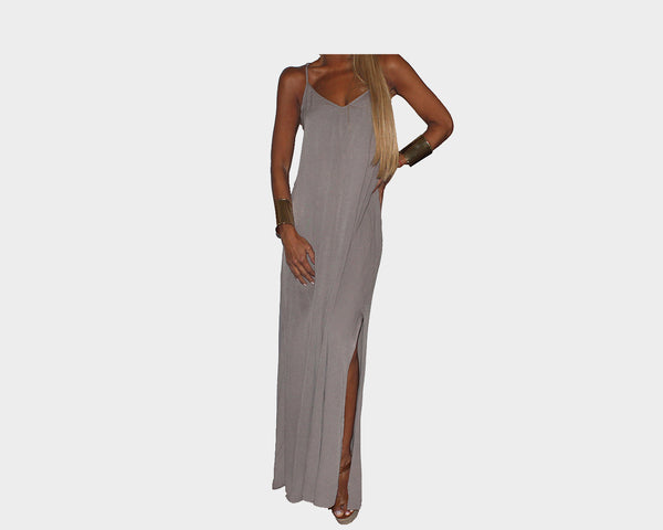Sand Gray Side Slit Maxi Dress - The Santorini