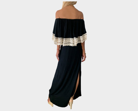 Black Slit Off-Shoulder Ruffle Lace Dress - The Monaco II