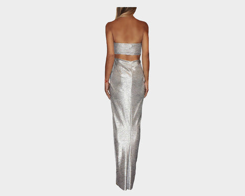 4.5 Metallic Silver Strapless Front Slit Dress - The Milan