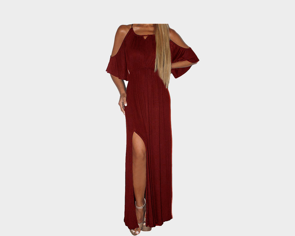 Cherry Red Open Shoulder Slit Dress - The French Riviera