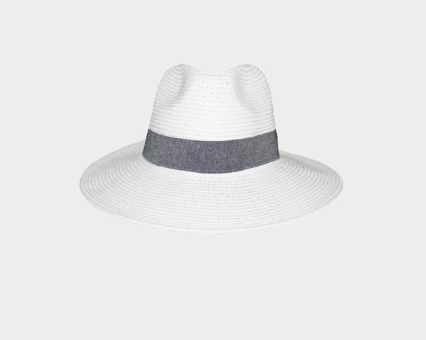 Denim Brim White Panama Style Hat - The Cannes