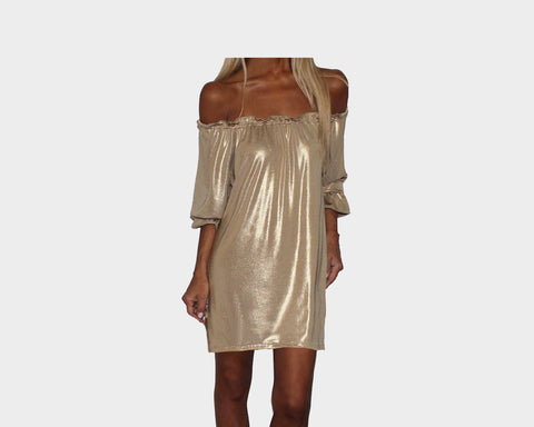 45 Empire Gold Off Shoulder Dress - The Ibiza
