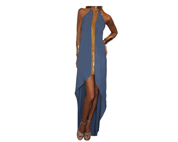 C. Sky Blue & Gold Front Slit Dress - The St. Tropez