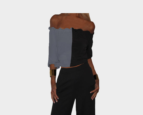 Two Tone Black & Gray Off Shoulder Crop Top - The St. Barth
