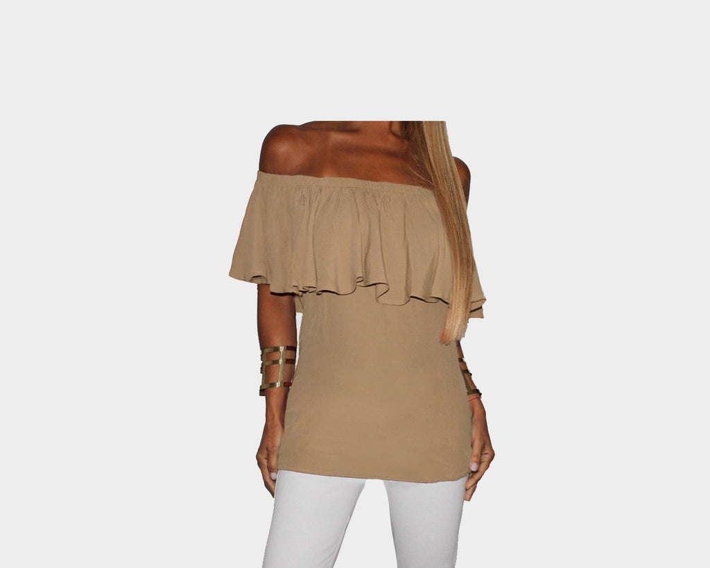 Taupe Ruffle Off Shoulder Top - The Monaco